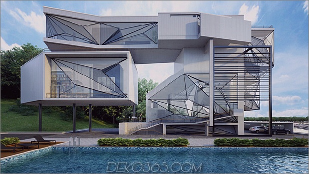 Moderne Hausfassaden am Seeufer freitragende Volumen 1 Äußerer Daumen 630xauto 40137 Das Lakeside Home verfügt über Facettierte Fenster für Cantilevered Volumes