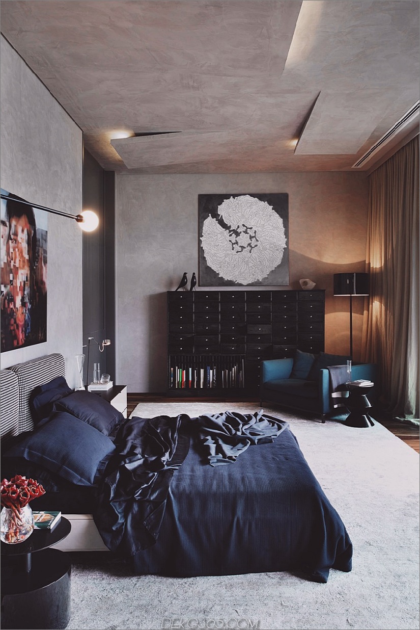 Dunkles, stilvolles Schlafzimmerdesign